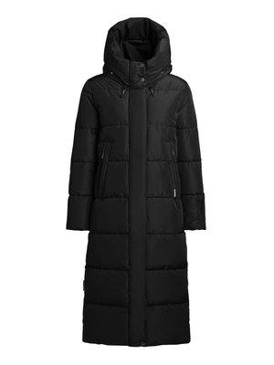 Cappotto lungo imbottito nero con collo alto e cappuccio. Presenta tasche con zip, una silhouette dritta e un esterno liscio e strutturato.