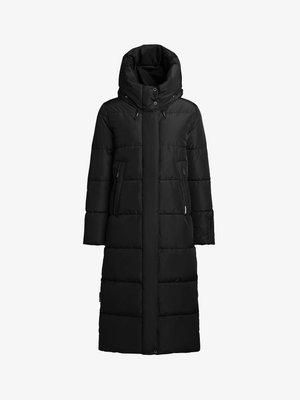 Cappotto lungo imbottito nero con collo alto e cappuccio. Presenta tasche con zip, una silhouette dritta e un esterno liscio e strutturato.