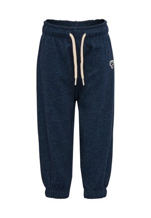 Mørkeblå joggingbukser til små børn med elastisk talje og manchetter, beige snore og et lille broderet bjørnehoved på højre side.