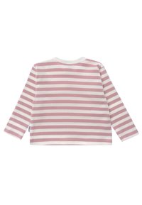 Langarmshirt aus weicher Baumwolle mit horizontalen rosa und weißen Streifen, Rundhalsausschnitt und elastischen Bündchen. Keine sichtbaren Beschläge oder Verzierungen.