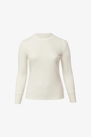 Długi rękaw, jasnokremowy prążkowany top z półgolfem. Gładka faktura, dopasowany krój oraz wydłużone rękawy z subtelnymi mankietami.