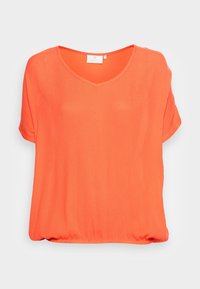 Orange Bluse mit kurzen Ärmeln aus leichtem Stoff, V-Ausschnitt und gerafftem Saum. Sie verfügt über eine glatte Textur und eine lockere Passform.