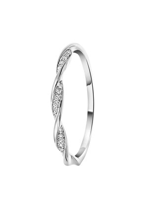 Silver ring with a twisted design, featuring small embedded diamonds along one side, smooth finish, and a slender shape.