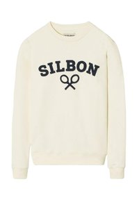 Sudadera color crema con un logo en azul marino "SILBON" y un gráfico de tijeras. Cuello redondo clásico, puños y dobladillo de canalé. Textura de tela suave.