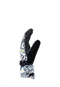 Drei-Finger-Handschuh mit schwarzem Handflächen, weiß-blau gemustertem Stoff, verstellbarem Riemen und elastischem Kordelzug für einen sicheren Sitz.