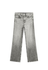 Graue weite Jeans aus Denim mit einem ausgewaschenen Finish, geradem Schnitt, fünf Taschen, Gürtelschlaufen und einem klassischen Knopfverschluss.