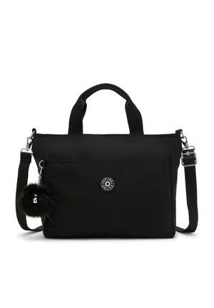 Borsa nera rettangolare con due manici, tracolla regolabile, tasca frontale con cerniera, logo del marchio e portachiavi soffice.