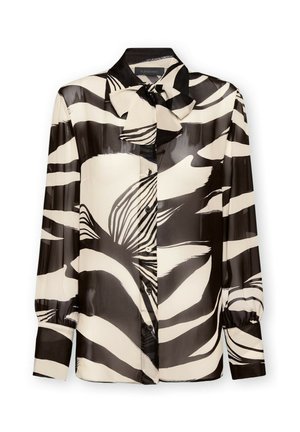 Langärmelige Bluse aus transparentem Stoff mit einem schwarz-cremefarbenen Blattmuster. Mit Schleifenkragen und durchgehendem Knopfverschluss.