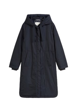 Navy blue, mid-length coat with a hood, drawstring ties, two front pockets, and snap-button closure. Made of smooth, untextured material.