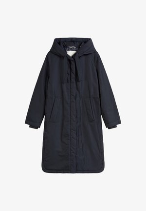 Navy blue, mid-length coat with a hood, drawstring ties, two front pockets, and snap-button closure. Made of smooth, untextured material.
