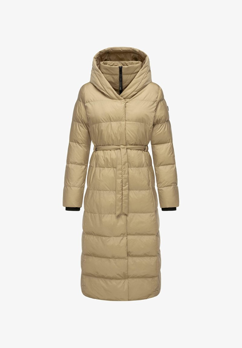 Beige vooderdaadiga mantel ülekursuste kapuutsiga, sisemise voodriga, taljes vööga ja pikkade varrukatega mustade aktsentidega. Omab tikandiga disaini.