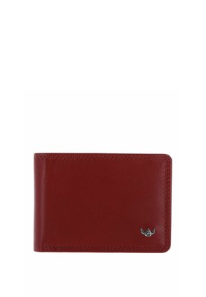 Red leather bifold wallet with visible stitching and small silver bull-head logo on bottom right corner.