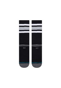 Black crew socks with white and gray horizontal stripes, textured footbed, contrasting heel and toe in gray, featuring blue logo detail.
