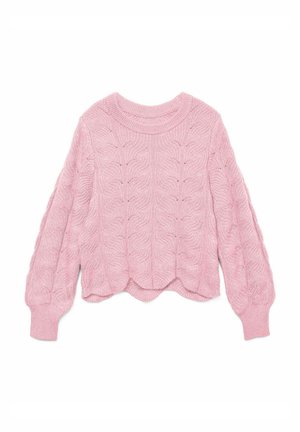 Maglione rosa a maglia con scollo rotondo e maniche lunghe a sbuffo. L'orlo presenta un bordo a scallop; il tessuto appare morbido e testurizzato.