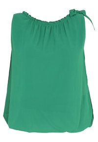 Top verde senza maniche con scollo arricciato e lacci laterali. Realizzato in un tessuto liscio e leggero con un design ampio e fluido.