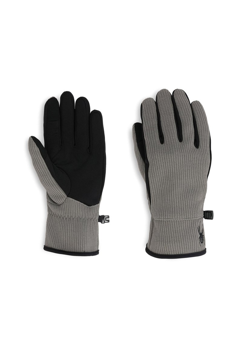 Guantes hechos de tela gris texturizada con detalles en negro. Presentan cinco dedos, un diseño tejido y puños elásticos para un ajuste seguro.