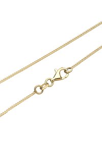 Guldtonet metal kædehalskæde med et tekstureret, vævet design og en klipslås. Afsluttes med en lille cirkulær link accent.