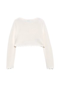 Maglione cropped a maniche lunghe in morbido tessuto a coste di colore bianco crema. Presenta un orlo scallop e dettagli con punti testurizzati lungo la schiena.