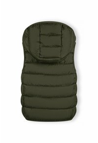 Gilet rembourré vert avec un col haut, comportant des sections matelassées, une texture lisse et un design épuré. Idéal pour la chaleur et le confort.