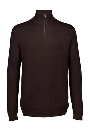 Suéter de punto marrón oscuro con un cuello alto y media cremallera, con mangas largas y puños y dobladillo acanalados para un ajuste ceñido.