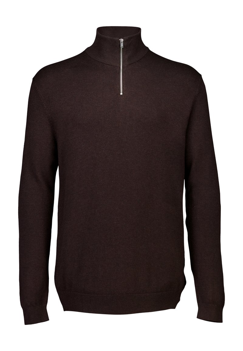 Dunkelbrauner Strickpullover mit hohem Kragen und halbem Reißverschluss, ausgestattet mit langen Ärmeln und gerippten Bündchen und Saum für eine enge Passform.