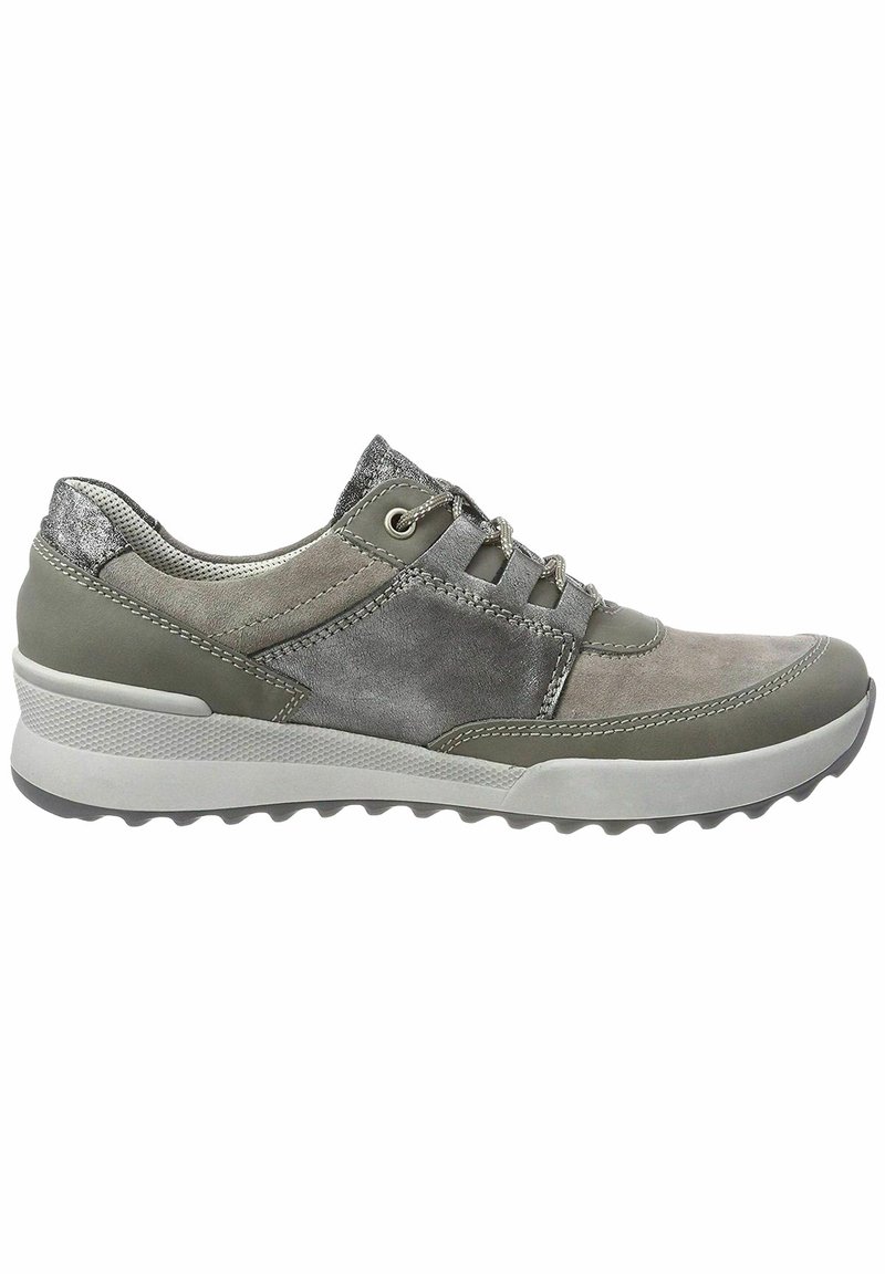 Sneakers gris et olive en matériaux suédé et synthétique, avec un design lacé, des côtés texturés et une semelle extérieure en caoutchouc à motifs.