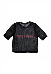 Black short-sleeve mesh shirt featuring the text "IRON MAIDEN" in red lettering across the front; lightweight and sheer fabric.