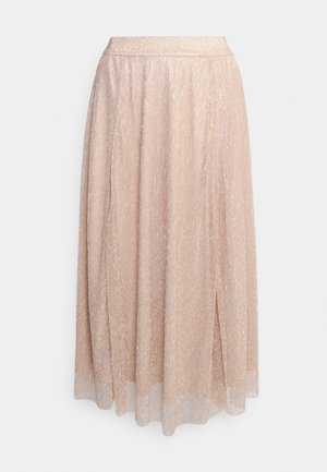 A light pink, knee-length skirt made from sheer fabric with a subtle shimmer, featuring a wide elastic waistband and side slit details.