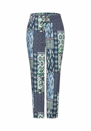 Musterhosen mit mehrfarbigem Patchwork in Blau, Grün und Schwarz, ausgestattet mit einem Kordelzugbund und schmal zulaufenden Beinen.