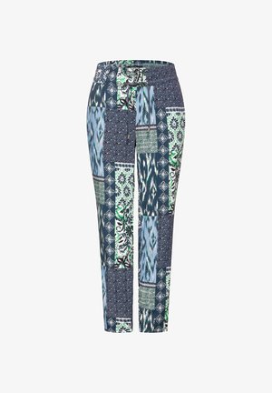 Pantaloni con motivo a patchwork multicolore in blu, verde e nero, con vita regolabile e gambe affusolate.