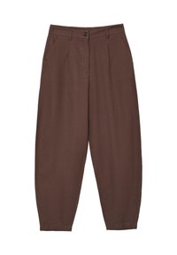 Pantaloni marroni a vita alta con pieghe, tasche laterali e chiusura con bottone. Tessuto morbido con una texture liscia, design con gamba affusolata.