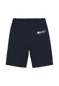 Pantaloni corti blu navy in misto cotone, con vita regolabile con cordino, due tasche posteriori e stampa del logo bianco sul lato destro.