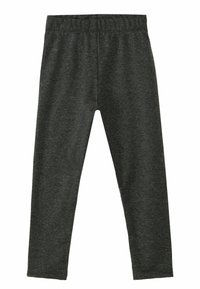 Donkergrijze leggings van rekbaar materiaal, met een hoge elastische tailleband en een soepele textuur, ontworpen voor comfort en bewegingsgemak.