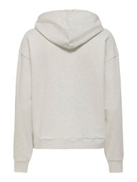 Sudadera con capucha color beige claro, mangas largas, puños y bajo acanalados, mostrada desde atrás sobre fondo blanco.