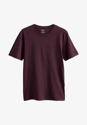 Vinrød bomulds-t-shirt med rund halsudskæring og korte ærmer, der har en glat tekstur og et klassisk afslappet design.