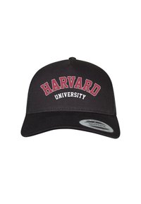 Schwarze Baseballmütze mit strukturiertem Design, mit erhabenem, kastanienbraunem Schriftzug "HARVARD" über "UNIVERSITY." Snapback-Verschluss auf der Rückseite.