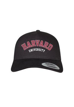 Fekete baseball sapka struktúrált dizájnnal, emelt bordó "HARVARD" felirattal a "UNIVERSITY" felett. Hátsó snapback záródás.