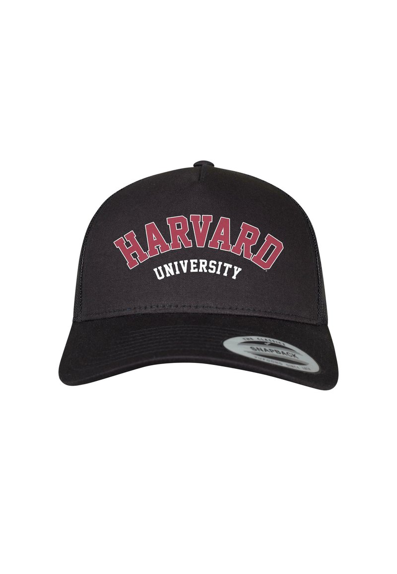 Schwarze Baseballmütze mit strukturiertem Design, mit erhabenem, kastanienbraunem Schriftzug "HARVARD" über "UNIVERSITY." Snapback-Verschluss auf der Rückseite.