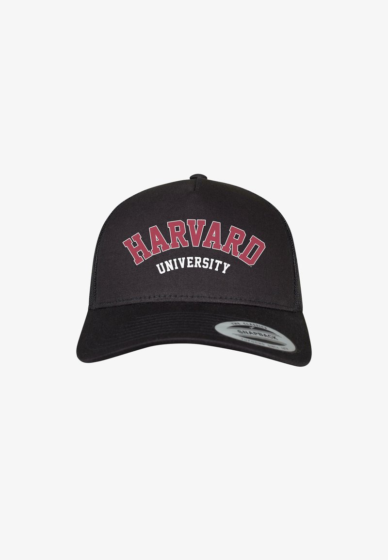 Schwarze Baseballmütze mit strukturiertem Design, mit erhabenem, kastanienbraunem Schriftzug "HARVARD" über "UNIVERSITY." Snapback-Verschluss auf der Rückseite.