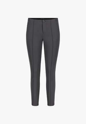 Pantalons de sport gris à coupe ajustée. Dotés d'une fermeture à bouton, de poches avant et arrière, et de coutures contrastées le long des jambes.