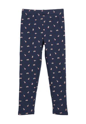 Marineblaue Kinderleggings mit kleinem rosa Blumenmuster und elastischem Bund, flach auf weißem Hintergrund gezeigt.