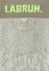 Gebreide trui met een ontwerp in beige en lichtblauw met "LABRUM." in felgroen, complexe patronen en een gestructureerde uitstraling.