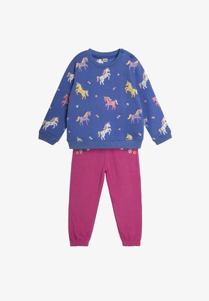 Sinine pusakas mitmevärviliste ükssarvikumustritega ja roosad retuusid lilledega. Pehme kangas, mugav lõige ja nööpide detail õlal.