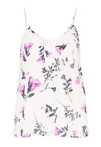 Sleeveless floral top in white fabric, featuring purple and green botanical patterns, a v-neckline, and thin adjustable straps.