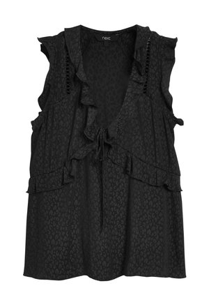 Blusa negra sin mangas con sutil estampado de leopardo, escote en V con volantes, lazo en el frente y detalles de paneles de encaje en los hombros.