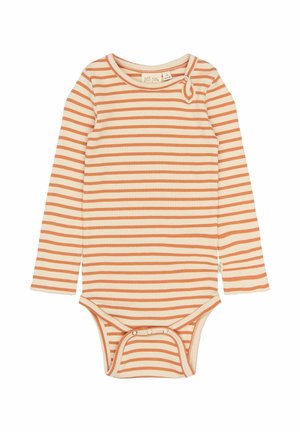 Dlhý rukáv pruhovaný bodysuit v smotanovej a oranžovej farbe, rebrovaná textura, okrúhly výstrih a zaisťovacie patentky na dne pre jednoduché obliekanie.