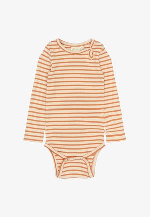 Kreemivärvi ja oranži triibuline pika varrukaga bodi, ribatud tekstuur, ümmargune kaelus ja alt nuppudega sulgemine mugavaks riietumiseks.