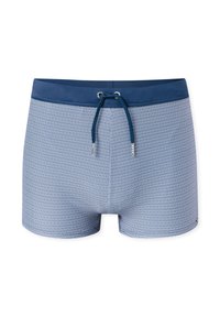 Blauwe zwembroek voor mannen met een klein wit hexagonaal patroon en een marineblauwe tailleband met trekkoord.