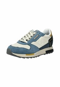 Scarpa sportiva blu e beige con materiali in suede e mesh, suola testurizzata e un accento dorato sul tallone con un'etichetta logo in evidenza.