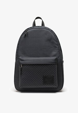 Čierny batoh s mriežkovým vzorom, vybavený prednou vreckom a zipsom. Vyrobený z textúrovanej tkaniny, s horným uchom a logom.